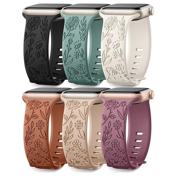 6 Pack Floral Engraved Bands Compatible With Apple Watch