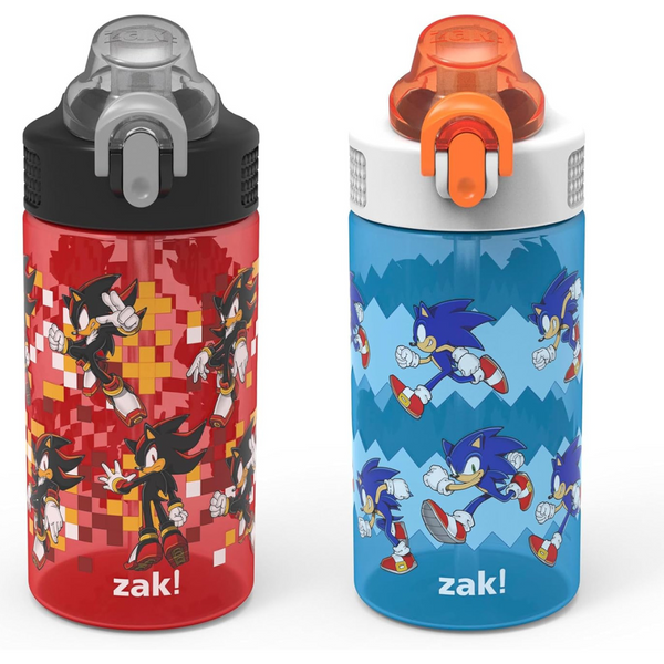 Zak Designs Sonic The Hedgehog Sage Kids 16oz Durable Plastic Water Bottles With Straw, Leak-Proof (2-Pack Set)