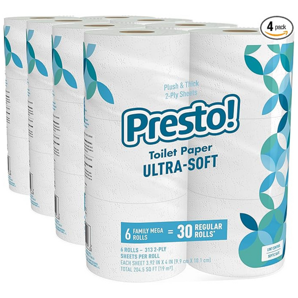 24-Count (4 x 6ct) Amazon Brand Presto! 308-Sheet Mega Roll Toilet Paper