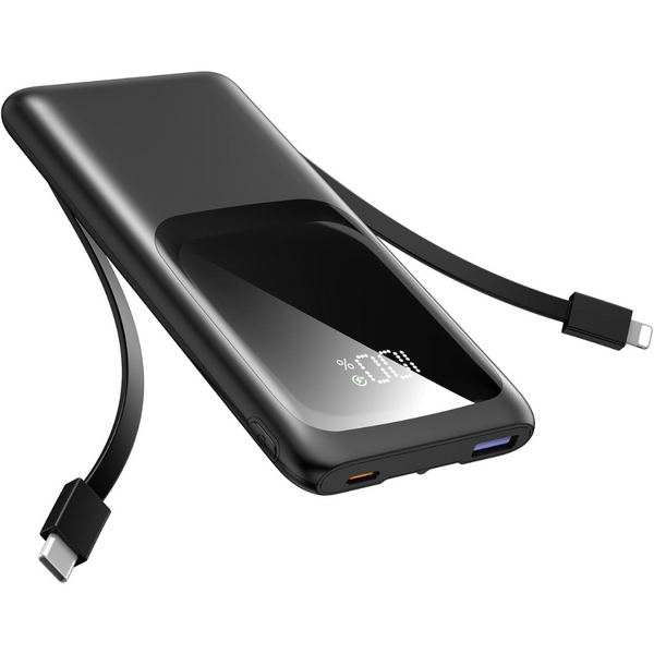 10000mAh USB-C 22.5W & PD 20W Portable Power Bank w/ Built-in Cables