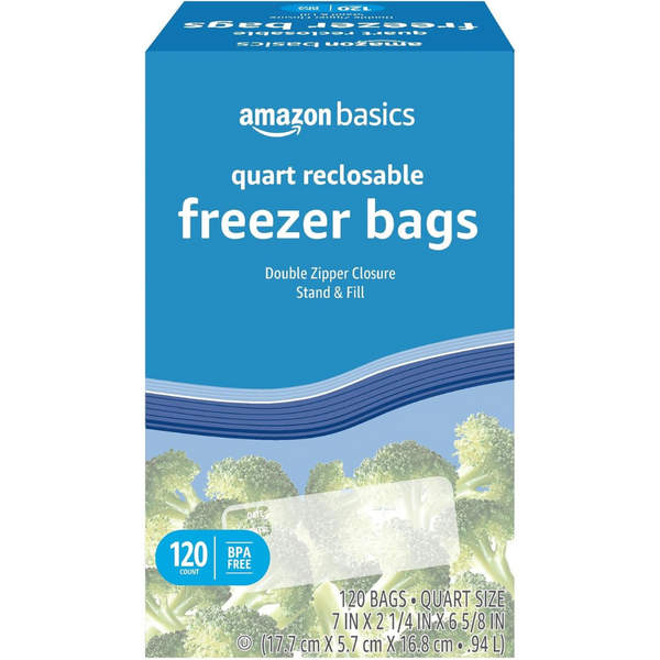120-Count Amazon Basics Zippered Stand & Fill Freezer Quart Bags
