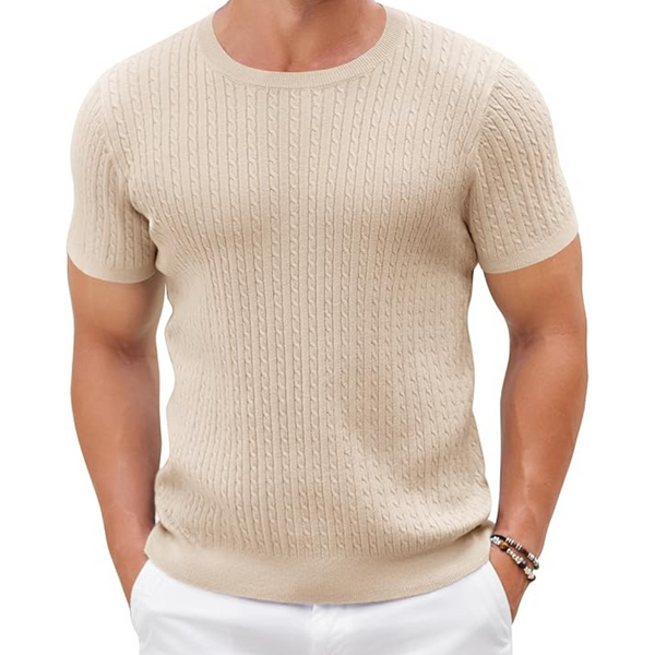 Men's Casual Round Neck Short Sleeve Vintage Cable Knit T-shirt