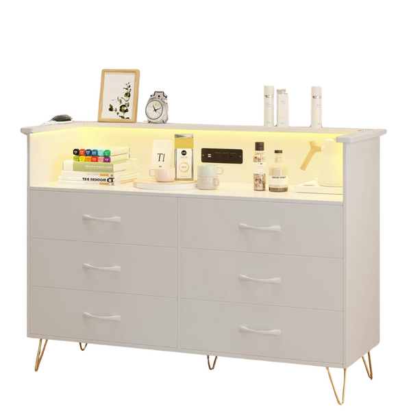 6-Drawer Dressers With Charging Station & LED Lights