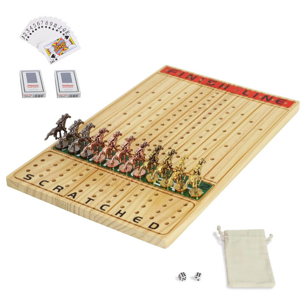 Wooden Horse Race Board Game W/ Metal Horses, Dice & Cards