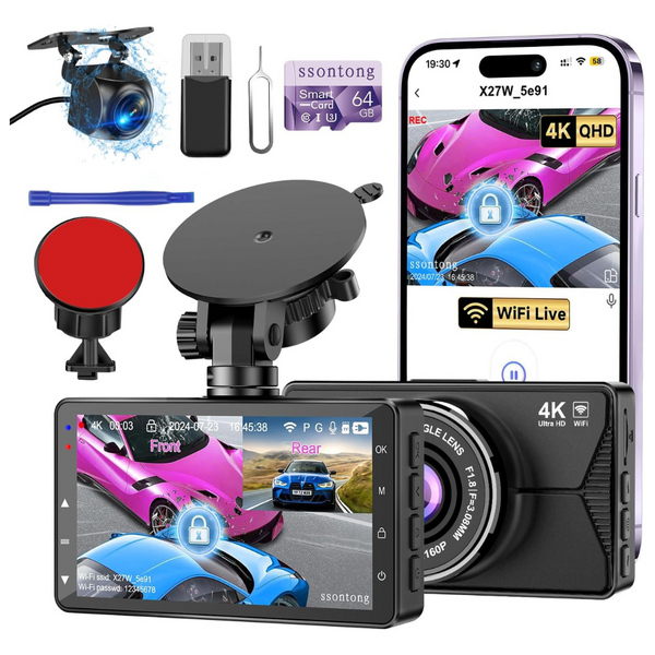 4K Dash Cam Front & Rear WiFi 64GB Card Car Security Camera