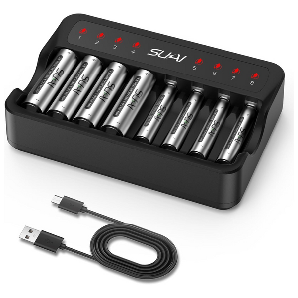 SUKAI 8 Bay Smart Battery Charger With 8-Pack Rechargeable Batteries