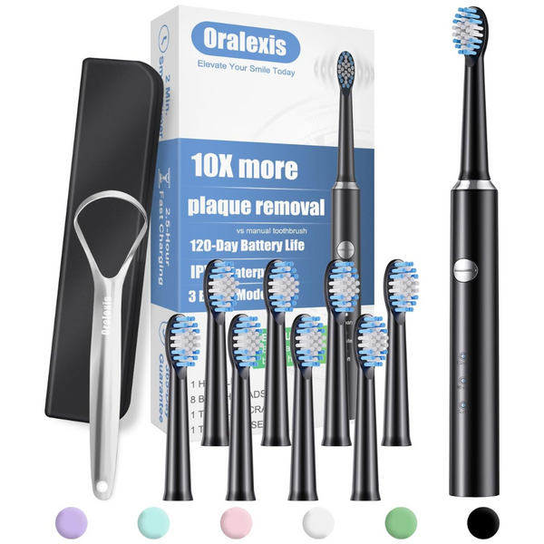 Electric Toothbrush with Tongue Scraper And 8 Brush Heads (Various)