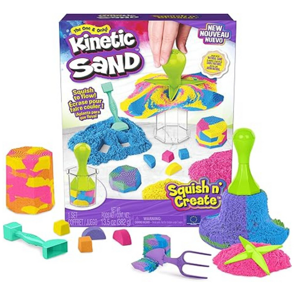 Kinetic Sand, Squish N’ Create Playset With 13.5oz Blue, Yellow & Pink Play Sand, 5 Tools