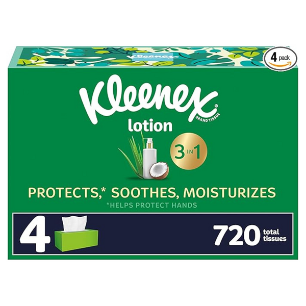 Kleenex Lotion Facial Tissues With Coconut Oil, 4 Flat Boxes, 180 Tissues Per Box