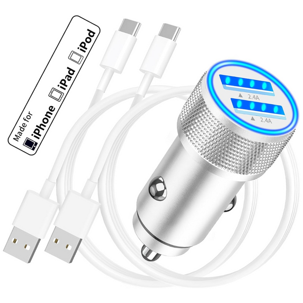 4.8A Dual USB A MFi Certified iPhone 15 Car Charger W/ 2-Pack Cables