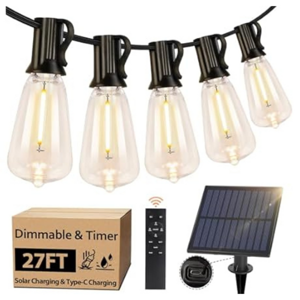 Bosceos 27ft Solar Powered LED Dimmable Outdoor String Lights