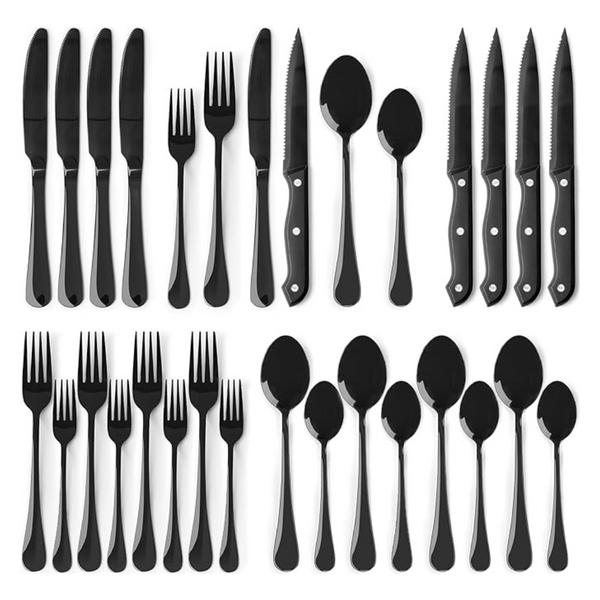 24-Piece Black Silverware Set With Steak Knives Flatware Set