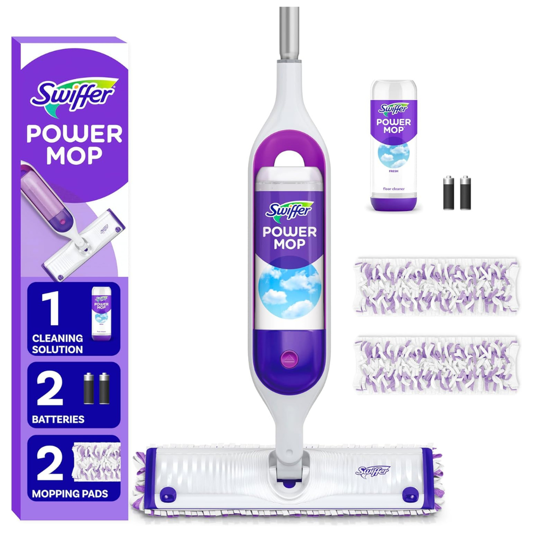 Open Box: Like Now – Swiffer PowerMop Multi-Surface Mop Kit, Includes PowerMop, 2 Mopping Pad Refills, 1 Cleaning Solution With Fresh Scent And 2 Batteries