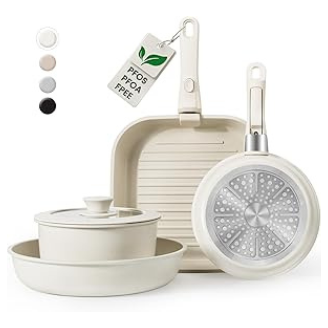 7-Piece KIKCOIN Non Stick Ceramic Cookware Set w/ Detachable Handle