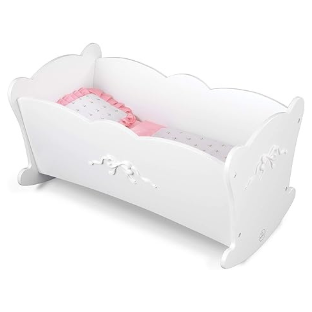 KidKraft Wooden White Lil' Doll Rocking Cradle With Pink Butterfly Pad
