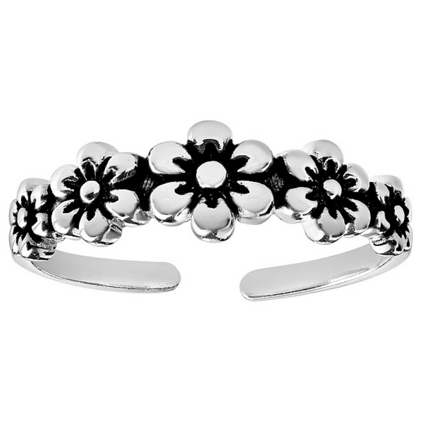 Womens Sterling Silver Polished Oxidized Flower Band Toe Ring