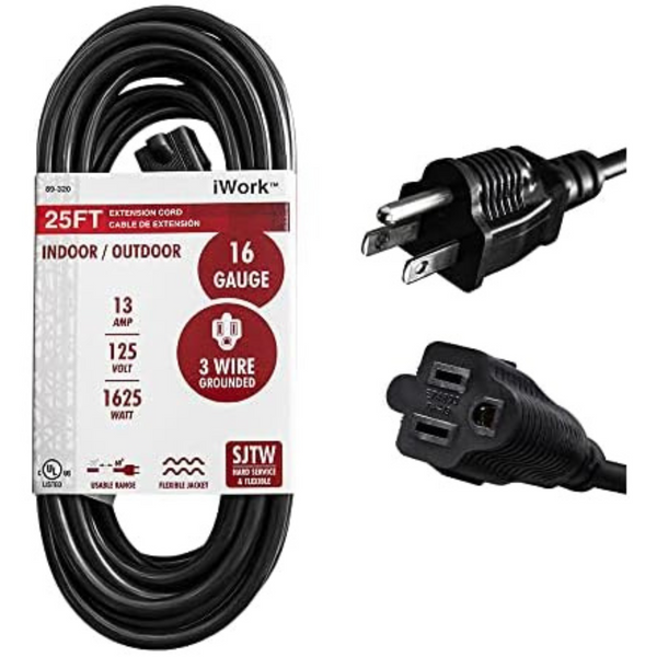 iWork 25ft 1625 Watt Black Extension Cord 3 Prong