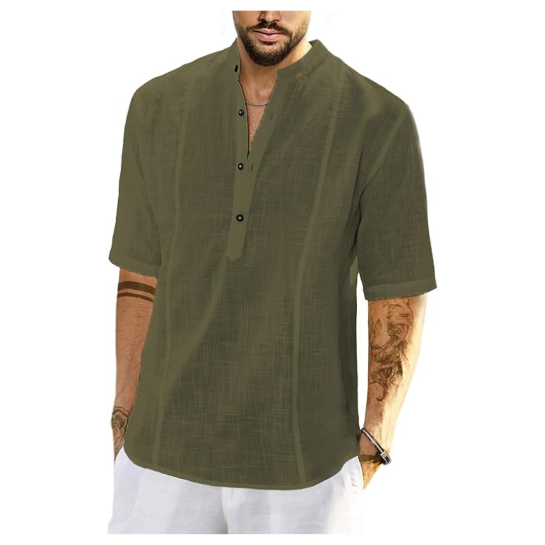 JMIERR Men's Cotton Linen Texture Henley Short Sleeve Shirt (Various)