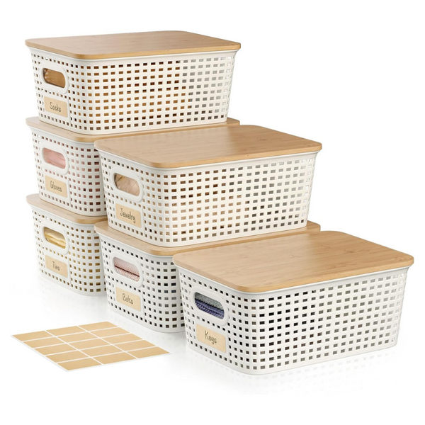 6-Pack 5 Quart Plastic Storage Bin With Bamboo Lid