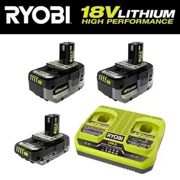 Ryobi One+ 18V 2x 4Ah HP Batteries+1x 2Ah HP Battery & Dual Port Charger