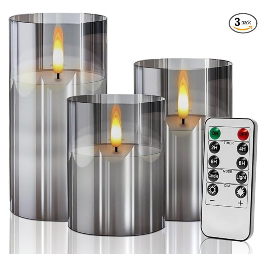 Set Of 3 Glass Flameless Candles Flickering With Remote