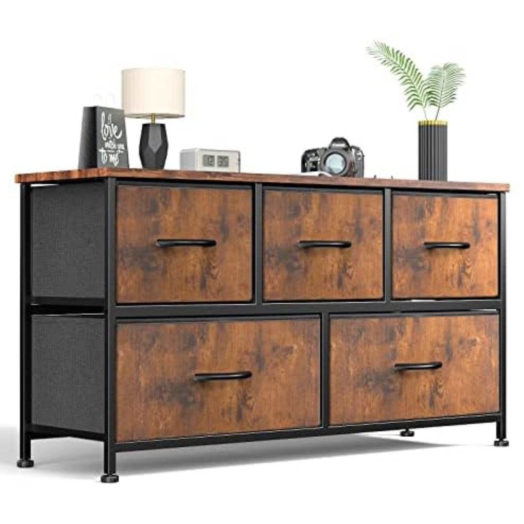 Sweetcrispy 5 Fabric Drawers Dresser With Wood Top Surface Table