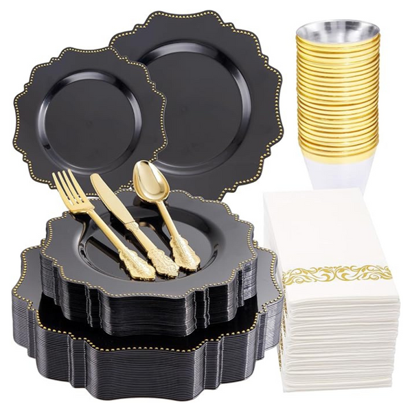 175-Pieces Disposable Black & Gold Dinnerware Set (Service For 25)