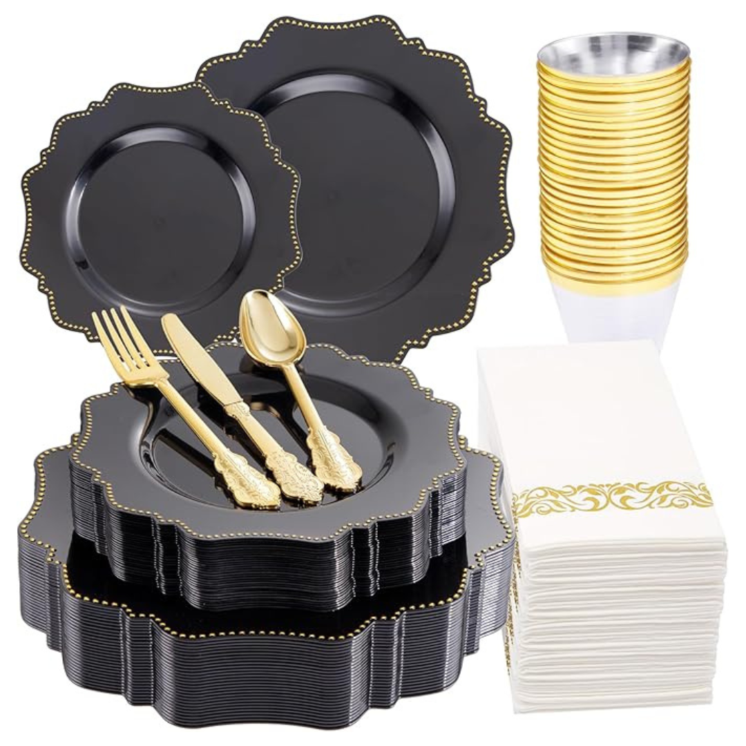COLOSUS 175 Pcs Disposable Black Plastic Dinnerware Set (Service For 25)
