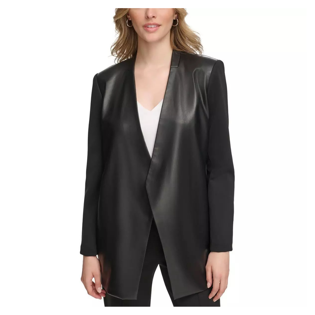 Calvin Klein Women's Faux Leather Work Wear Open-Front Blazer
