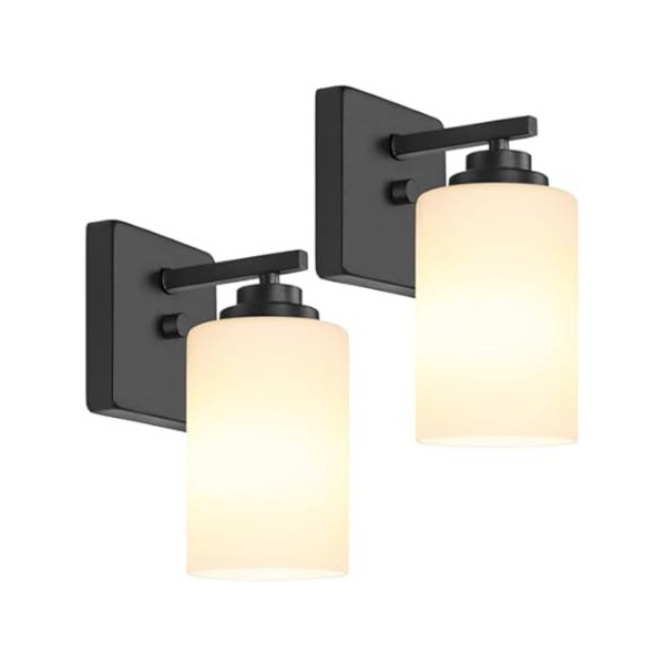 Set of 2 Wall Mount Light Fixtures Sconces W/White Glass Shade