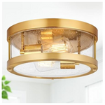 2-Light Gold Close to Ceiling Light Fixture With Glass Lampshade