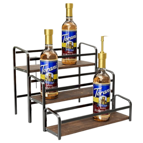 3-Tier Large Capacity Coffee Syrup Rack W/ Wood Shelf & Metal Frame