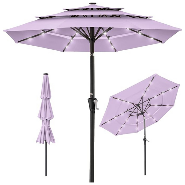 10-Ft 3-Tier 8-Ribs Solar Patio Umbrella w/ 24 LED Lights