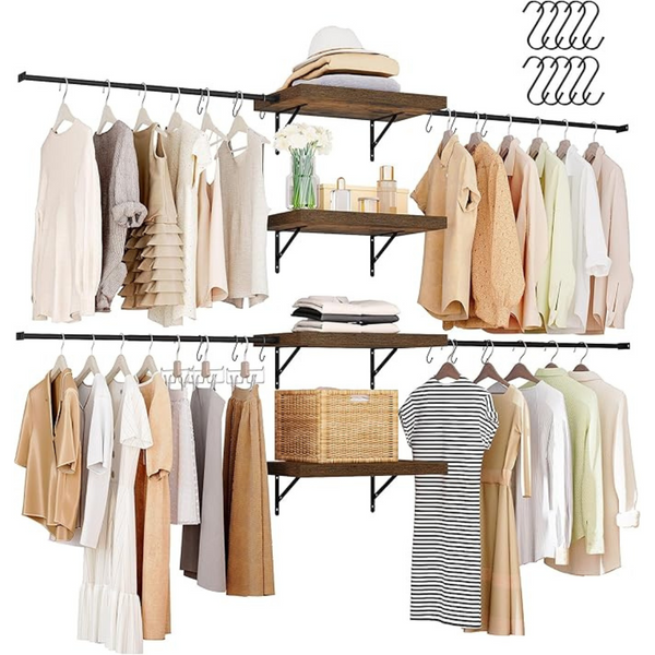 4-Tier Wood Closet Storage Shelves W/ 4-Hanger Rods (2 Colors)
