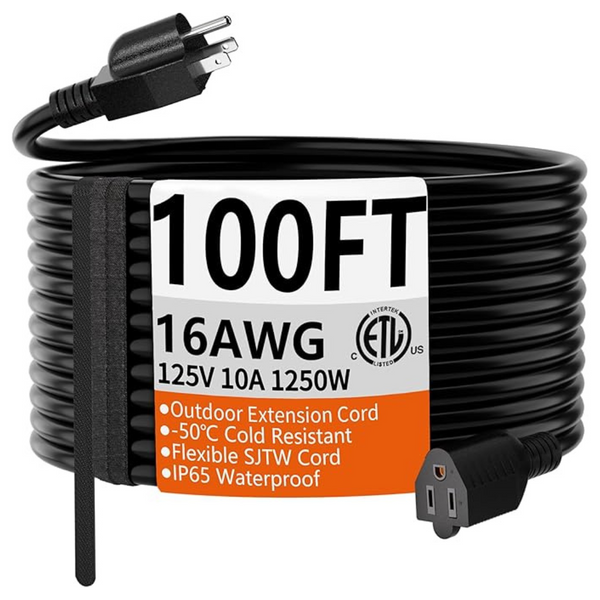 100ft 16 Gauge Waterproof Flexible Cold Weather 3 Prong Extension Cord