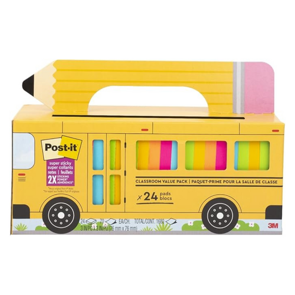 Post-It Super Sticky Notes Value Pack, 24 Pads, Convenient School Bus Carry And Storage Case