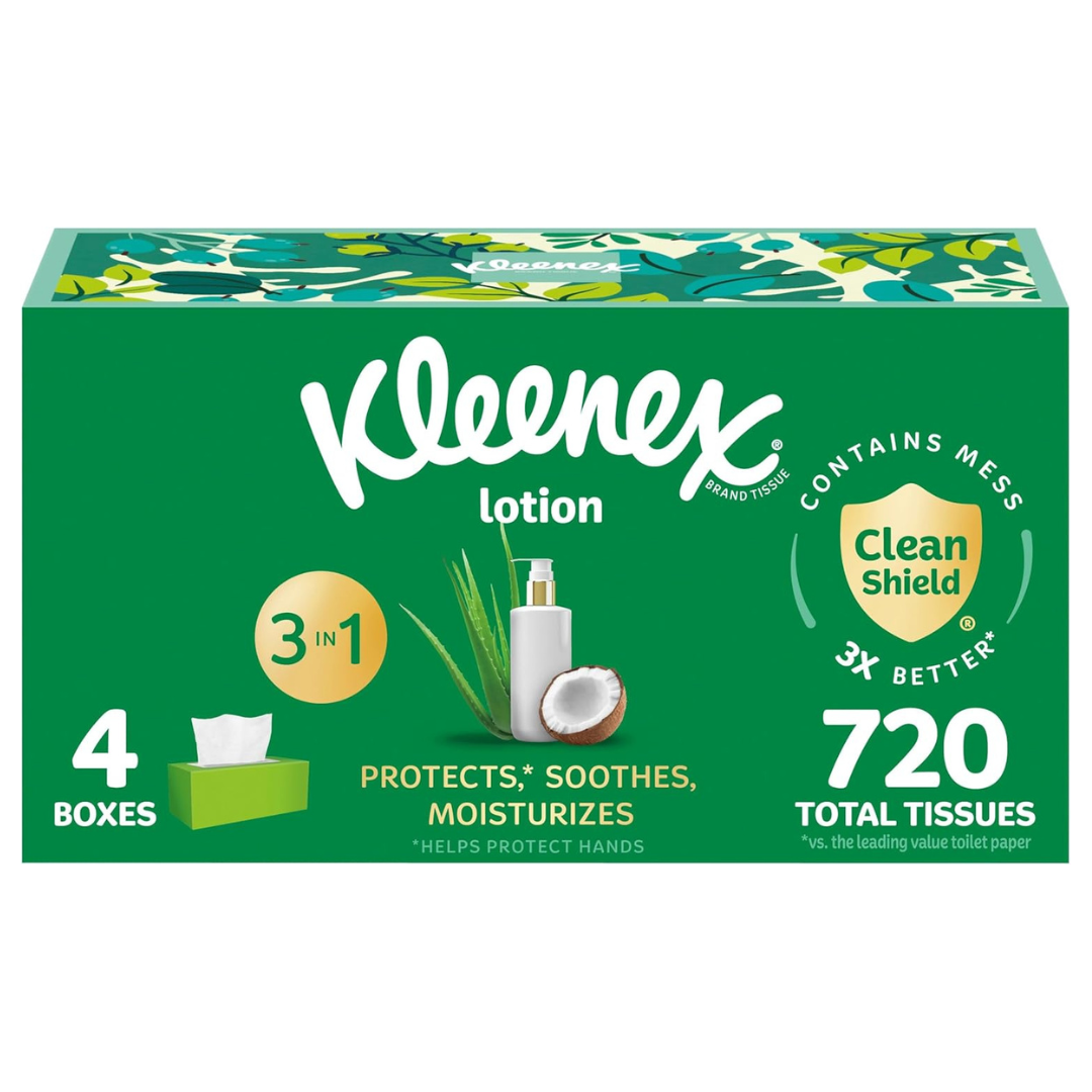 Kleenex Lotion Facial Tissues With Coconut Oil (4 Flat Boxes, 180 Tissues Per Box, 3-Ply)