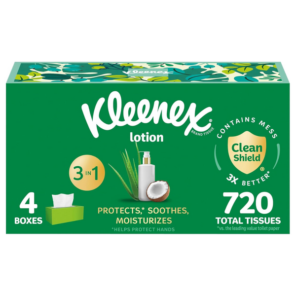 Kleenex Lotion Facial Tissues With Coconut Oil (4 Flat Boxes, 180 Tissues Per Box, 3-Ply)