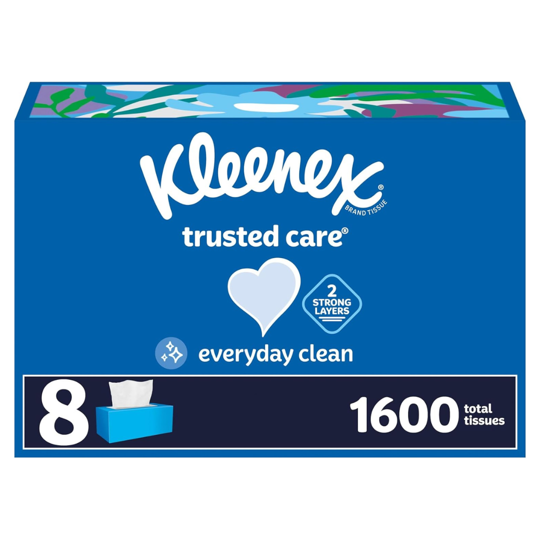 Kleenex Trusted Care Facial Tissues (8 Flat Boxes, 200 Tissues per Box, 1,600 Total Tissues)