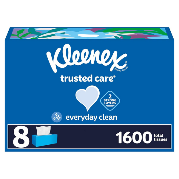 Kleenex Trusted Care Facial Tissues (8 Flat Boxes, 200 Tissues per Box, 1,600 Total Tissues)