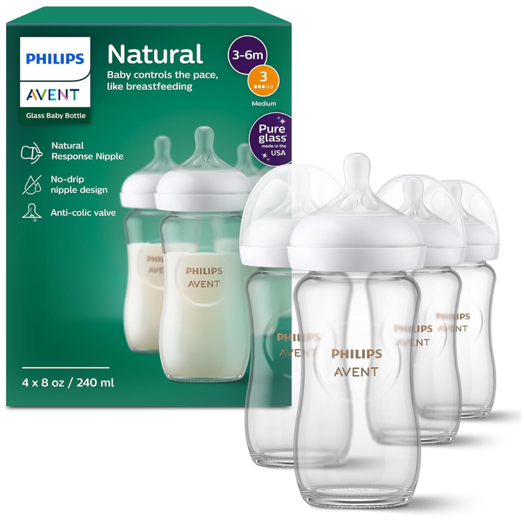 4-Pack 8 oz Philips Avent Natural Glass Baby Bottles with Nipples