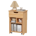 Wooden Bedside Table With Rolling Open Storage Shelf
