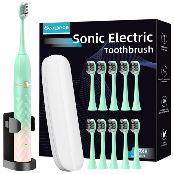 IPX8 Waterproof Electric Toothbrush Set W/10 Brush Heads & Travel Case