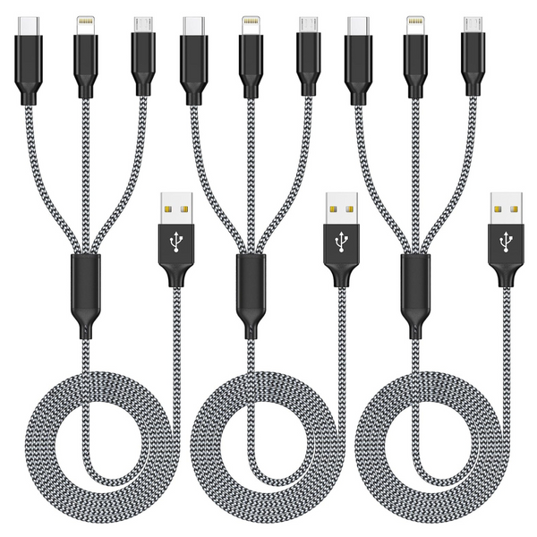 3-Pack 4ft 3-in-1 USB-C/Micro/Lightning Multi Charging Cables