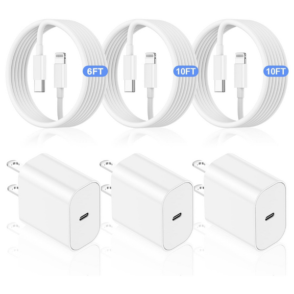 3-Pack 20W USB C Charger Block W/USB C To Lightning Cable (6/10/10ft)