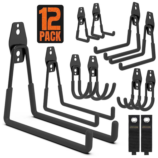 12-Pack SMARTOLOGY Wall Mount Garage Hooks w/ 2 Extension Cord Storage Straps