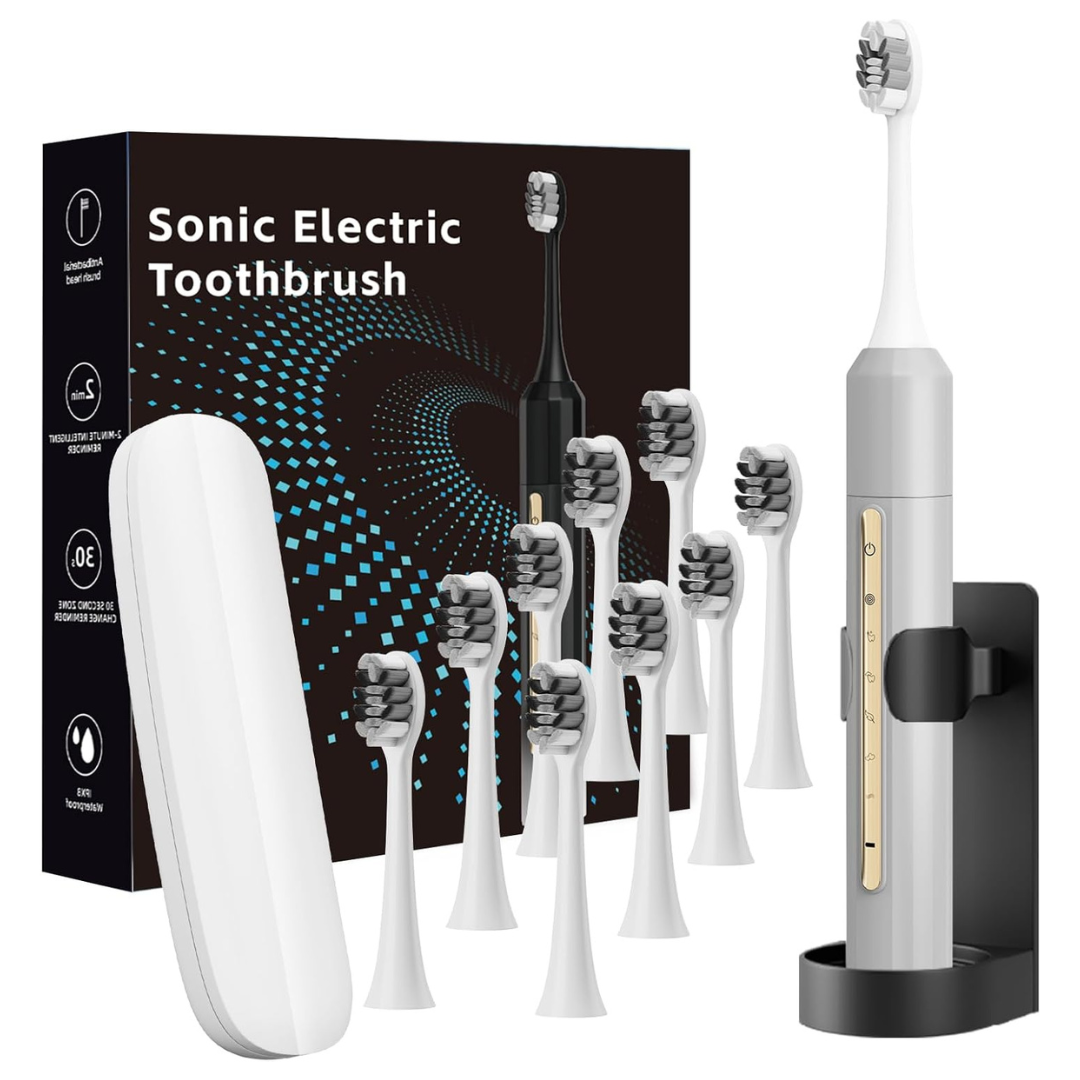 Sonic Rechargeable Electric Toothbrush W/ 10 Brush Heads