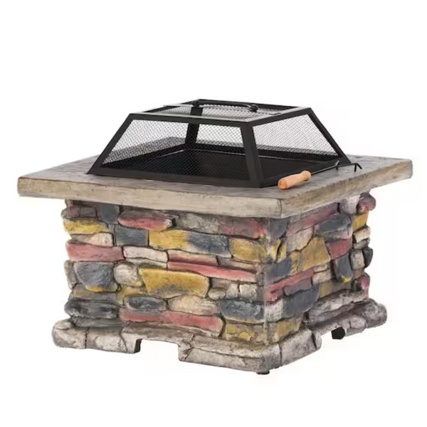 28.7" W x 22" H Stone Square Wood Burning Outdoor Fire Pit
