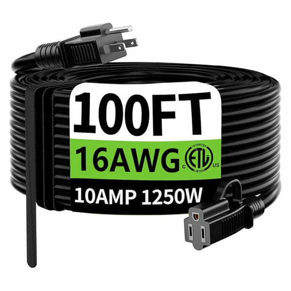100ft Waterproof Indoor Outdoor Black Extension Cord