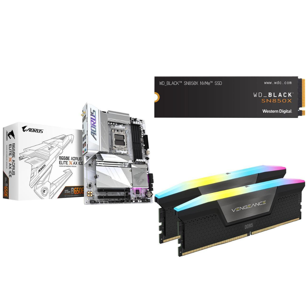 Gigabyte B650E AORUS ELITE X AX ICE ATX AM5 Motherboard + 32GB DDR5 Desktop Memory + WD_BLACK 2TB SN850X SSD